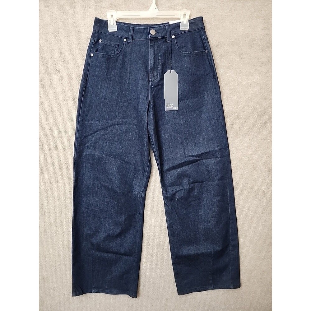 1822 Denim Horseshoe Barrel Leg Jeans Womens 10 Blue Dark Wash Stretch NEW